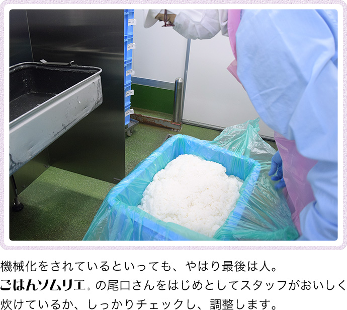 機械化をされているといっても、やはり最後は人。の尾口さんをはじめとしてスタッフがおいしく炊けているか、 しっかりチェックし、調整します。